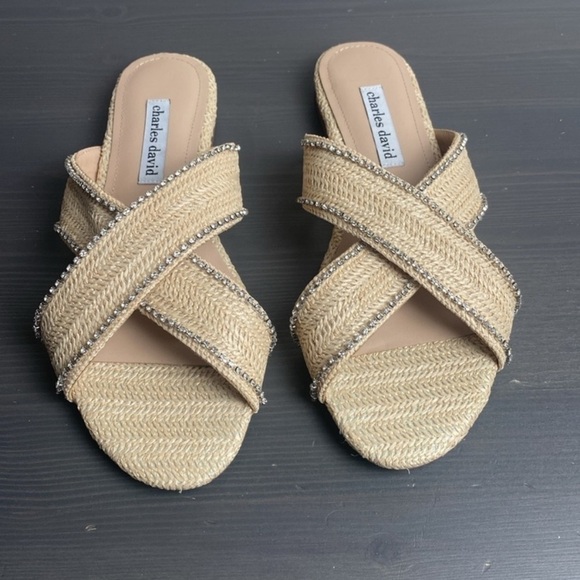 CHARLES DAVID Kenya Woven Flat Crisscross Embellished Sparkle Sandals Size 8.5 - Picture 9 of 11